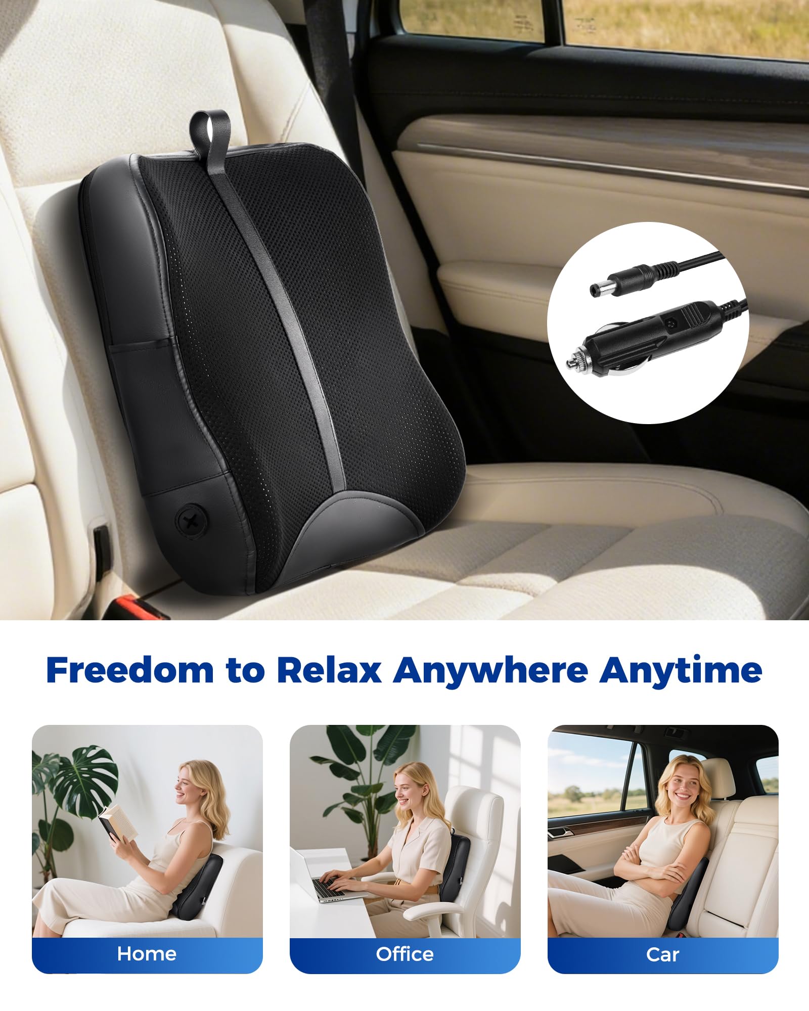 Car seat usage view showing OMASSA back massager for on-the-go relief