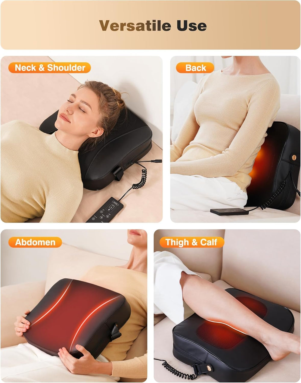 OMASSA Back Massager shows heat level indicators for personalized warmth.