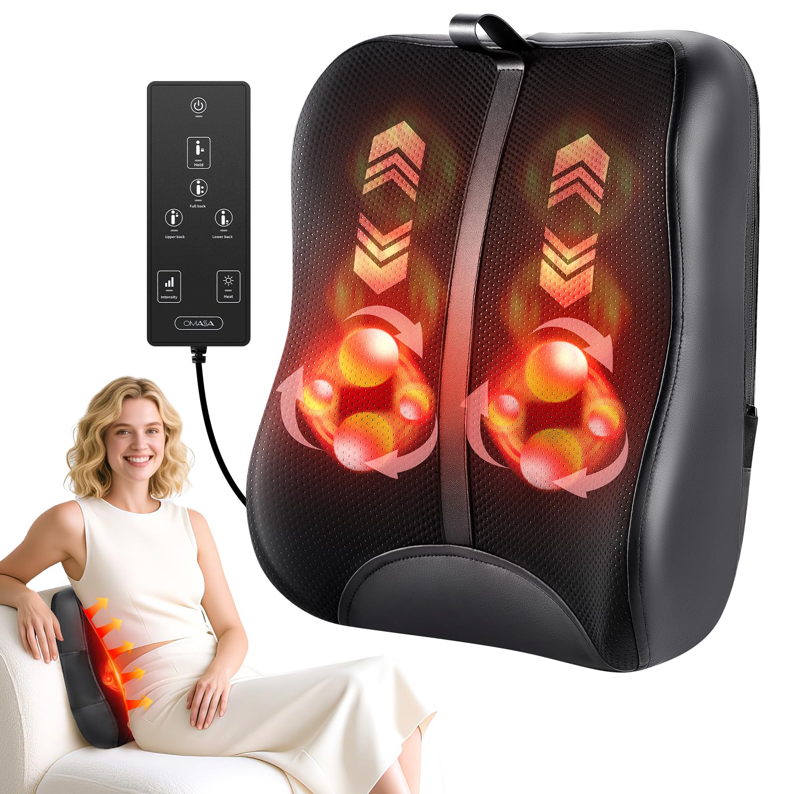 OMASSA Shiatsu back massager with heat on a chair for soothing relief