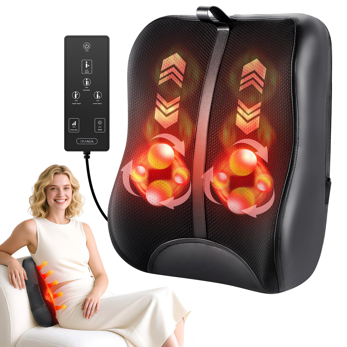 OMASSA Shiatsu back massager with heat on a chair for soothing relief