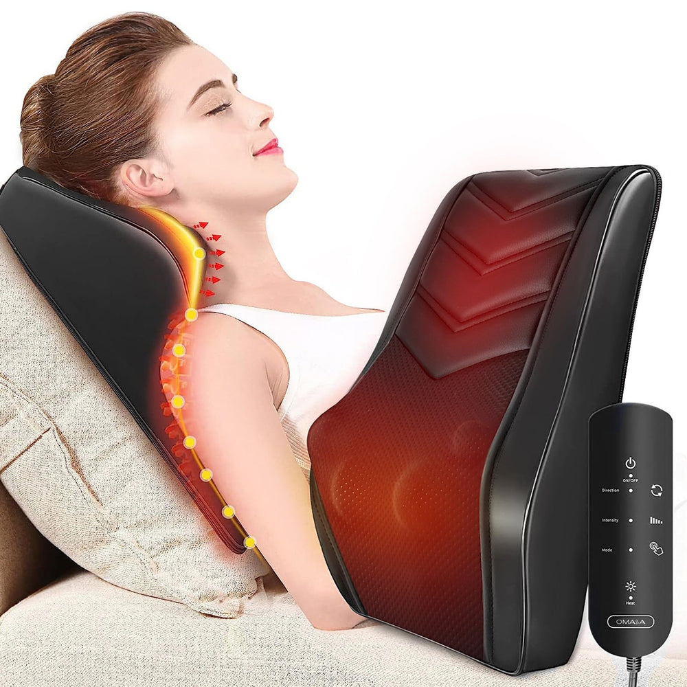 OMASSA shiatsu neck massager with heat close-up showing targeted warmth for neck relief