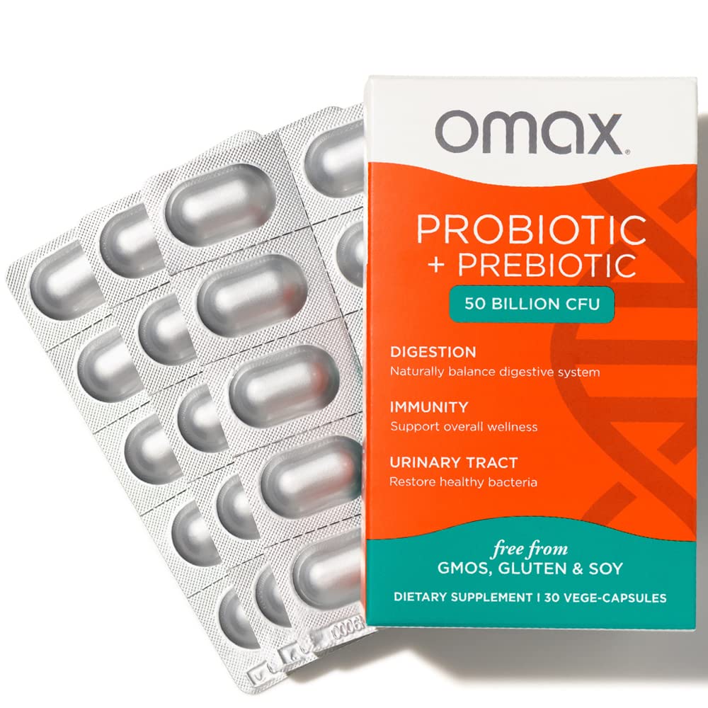 Omax3 probiotic blend featuring 10 strains for balanced digestion.