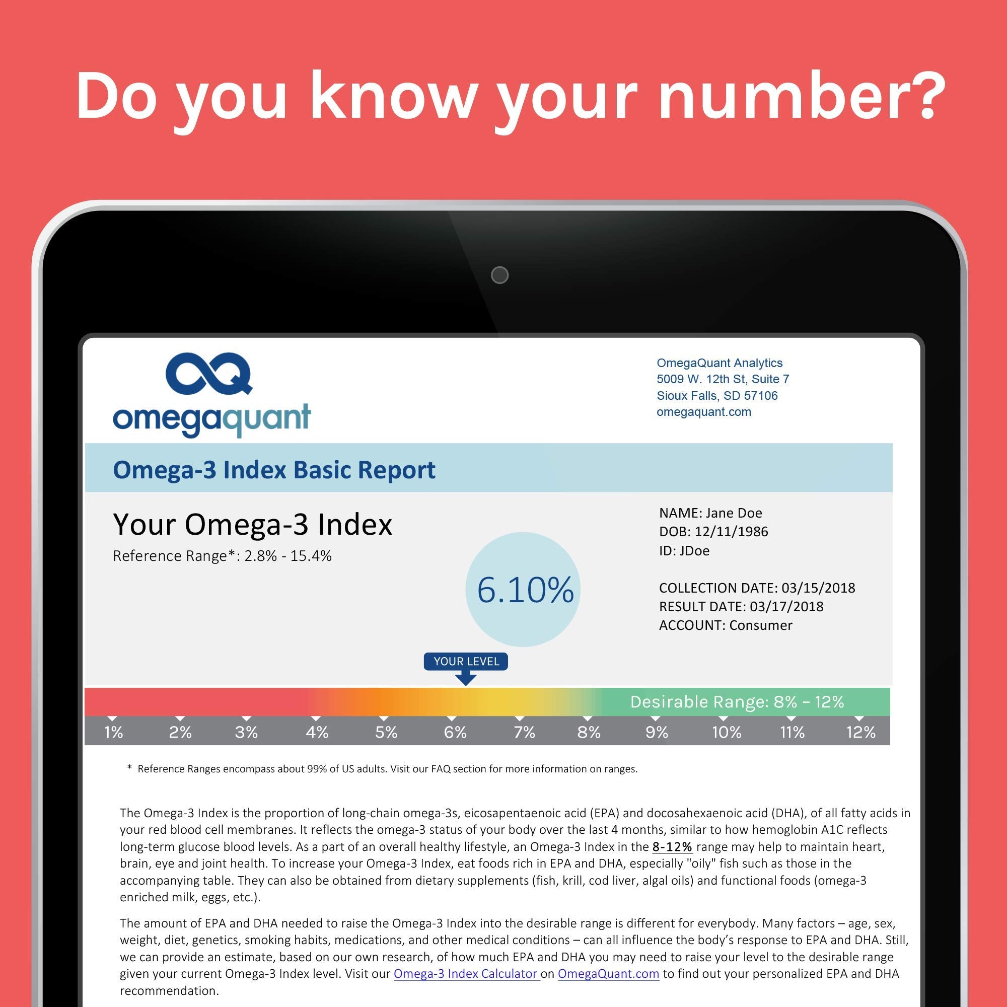 OmegaQuant results report view showing your omega-3 index