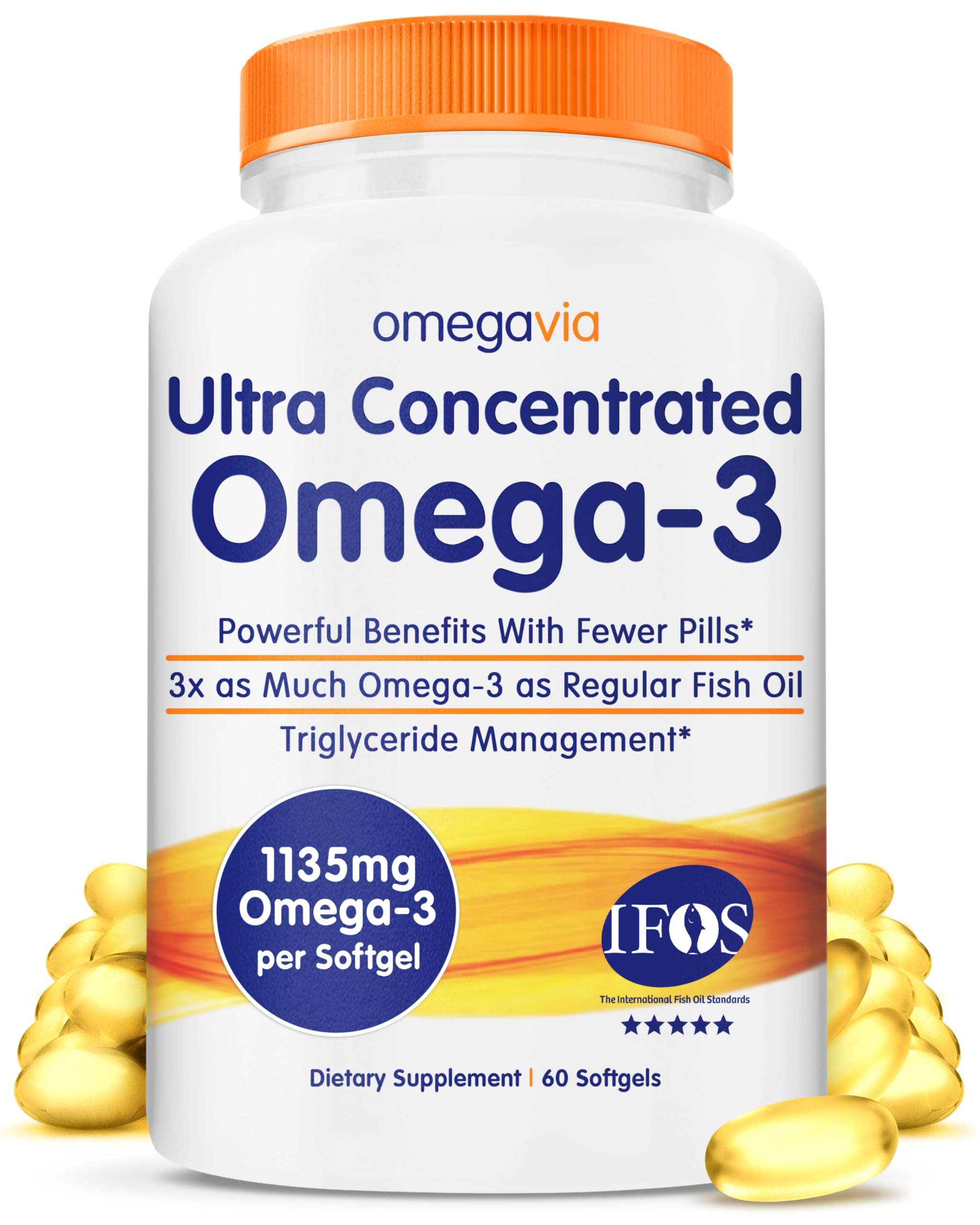Omegavia bottle with burpless omega-3 softgels for easy swallowing