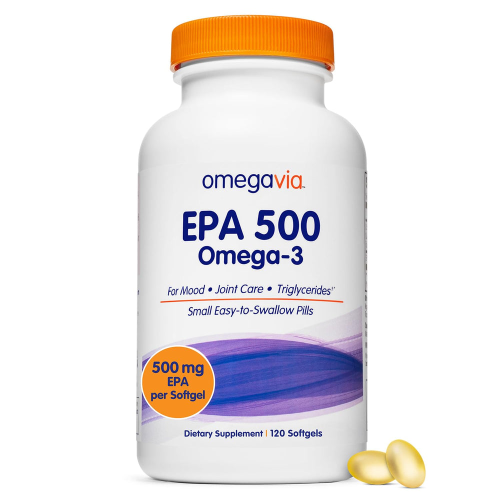OmegaVia EPA 500 bottle front shows purity and size for daily support