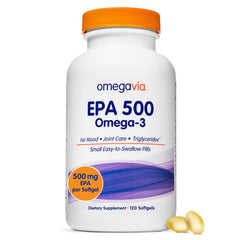 OmegaVia EPA 500 bottle front shows purity and size for daily support