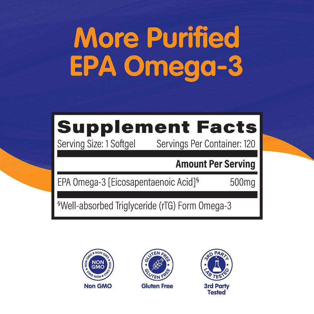 OmegaVia EPA 500 softgels closeup emphasizes burpless design for daily comfort