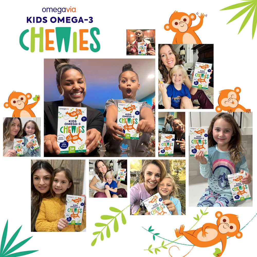 OmegaVia Kids omega-3 gummies after school snack time for energy and focus.
