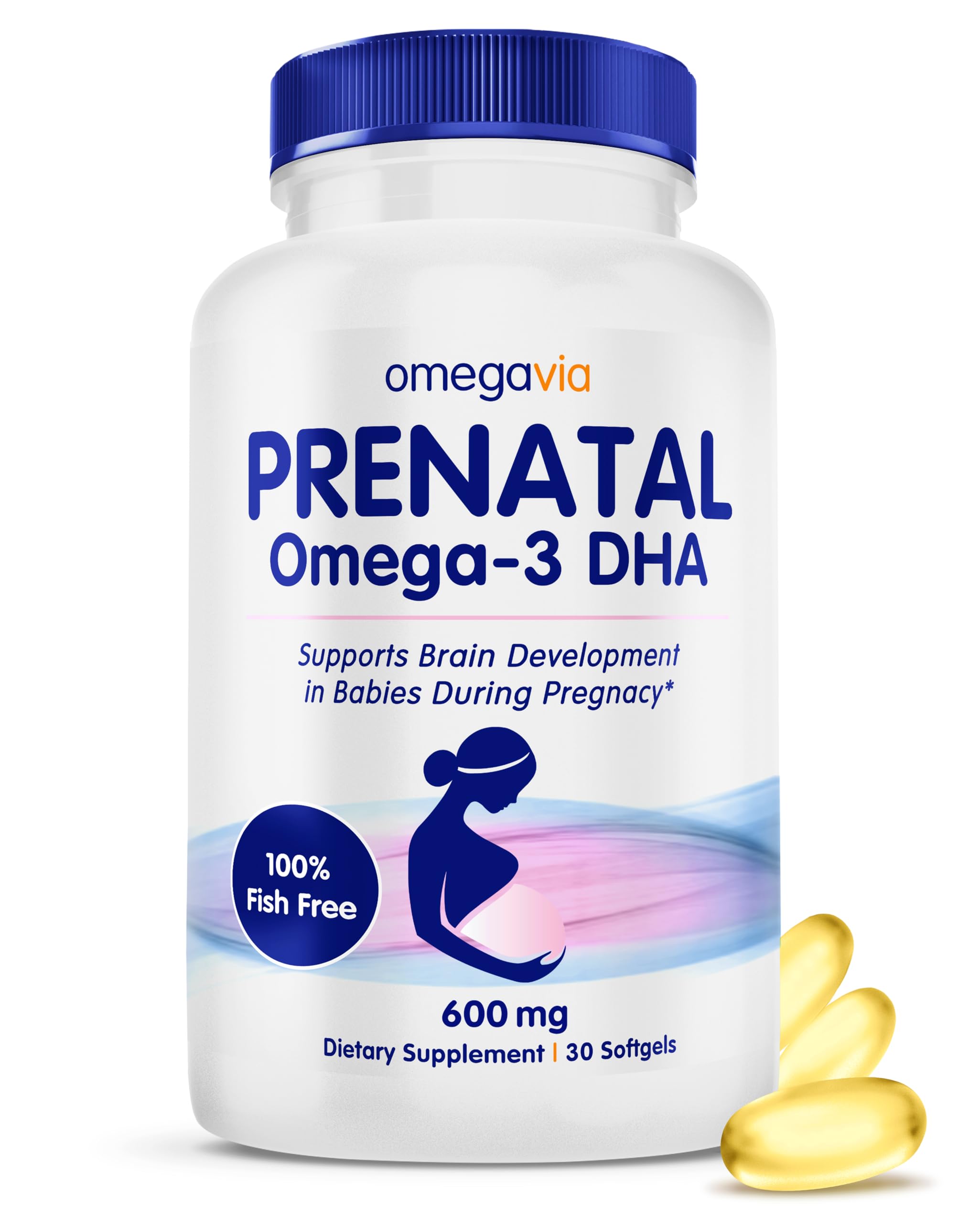 OmegaVia Prenatal DHA 600mg bottle highlighting high-dose algae DHA for mom and baby