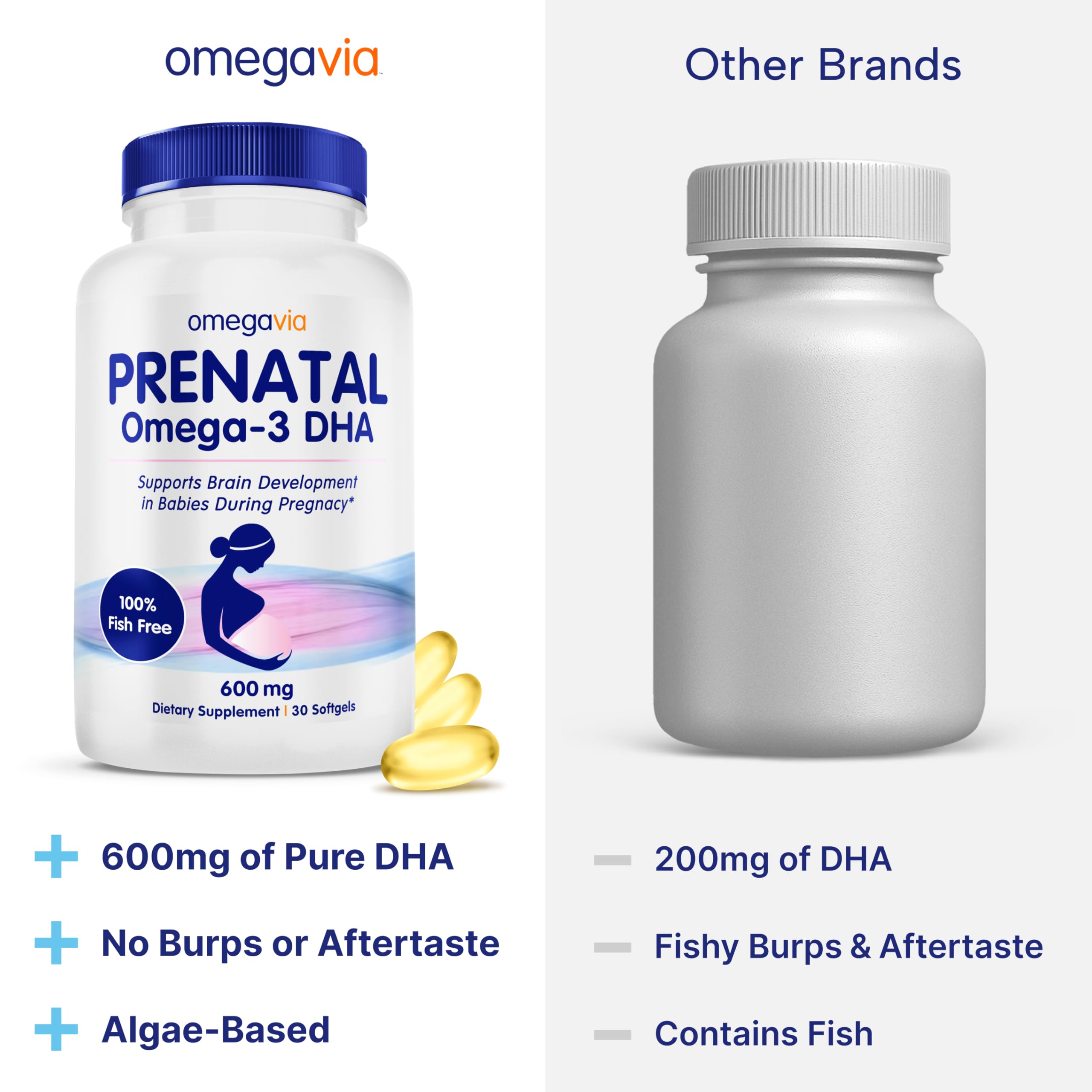 OmegaVia Prenatal DHA fish-free formula with no fishy aftertaste