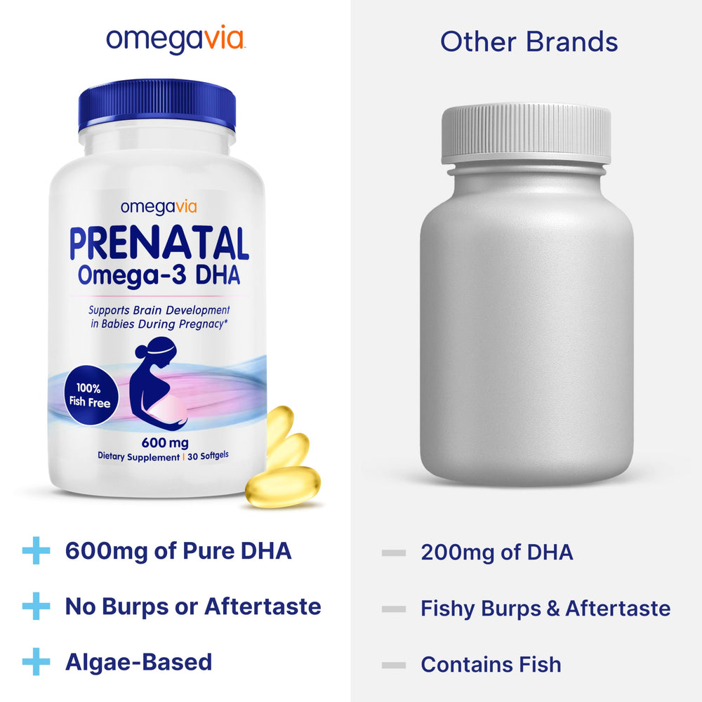 OmegaVia Prenatal DHA fish-free formula with no fishy aftertaste