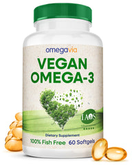 OmegaVia vegan omega-3 softgel bottle with plant-based DHA for daily wellness.