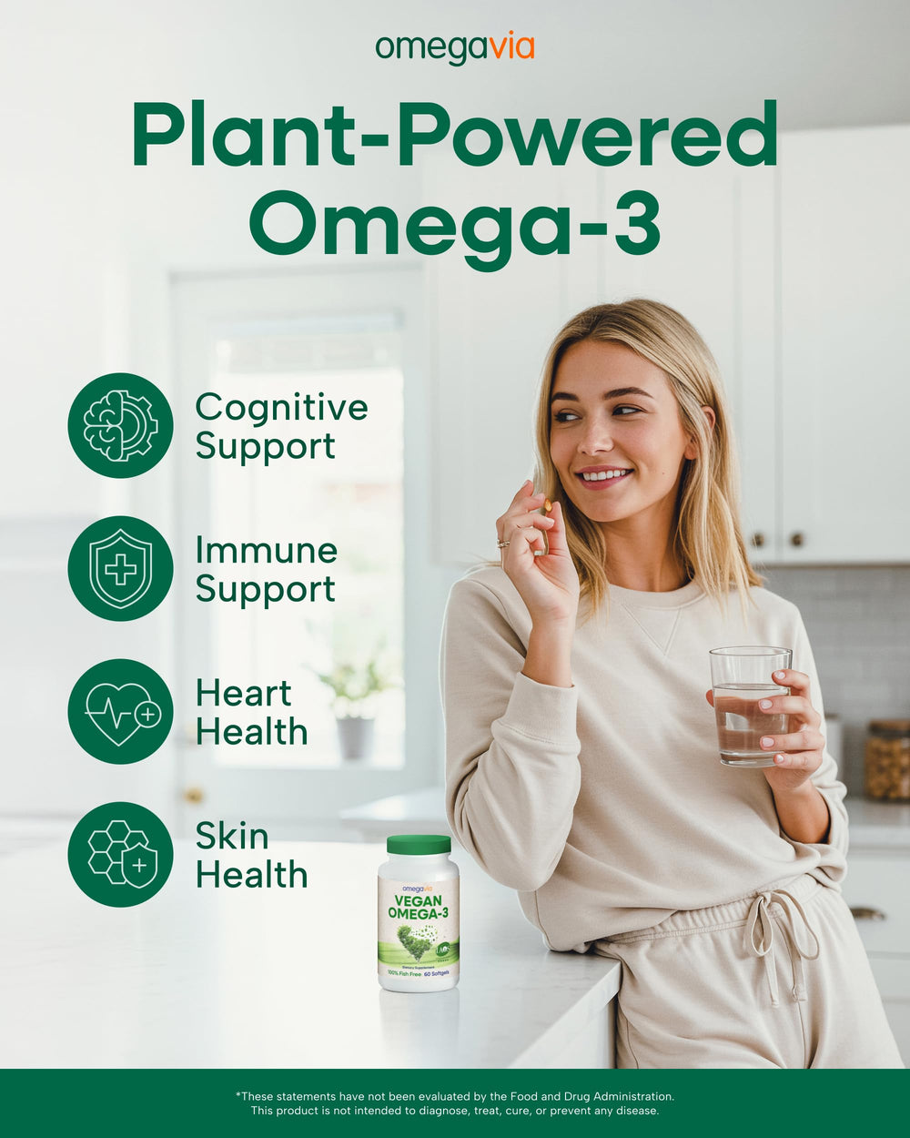 OmegaVia vegan omega-3 softgel closeup showing convenient daily capsules.