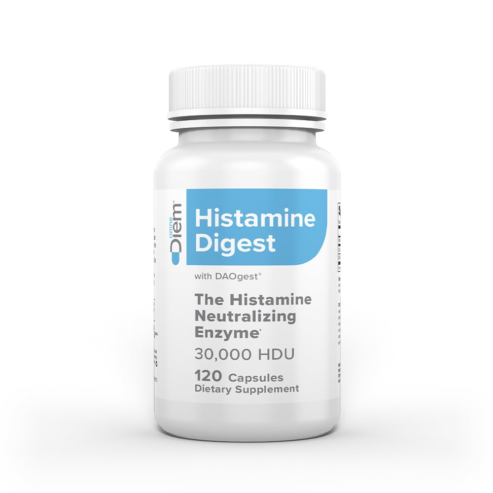 Omne Diem Histamine Digest bottle on kitchen counter offering meal-friendly histamine support