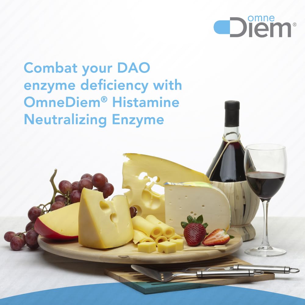 Omne Diem Histamine Digest capsules arranged beside a meal for tolerance