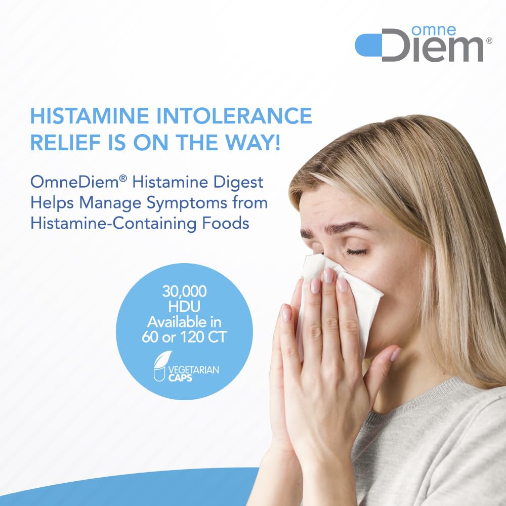 Box and bottle of Omne Diem Histamine Digest, convenient 120-caps supply