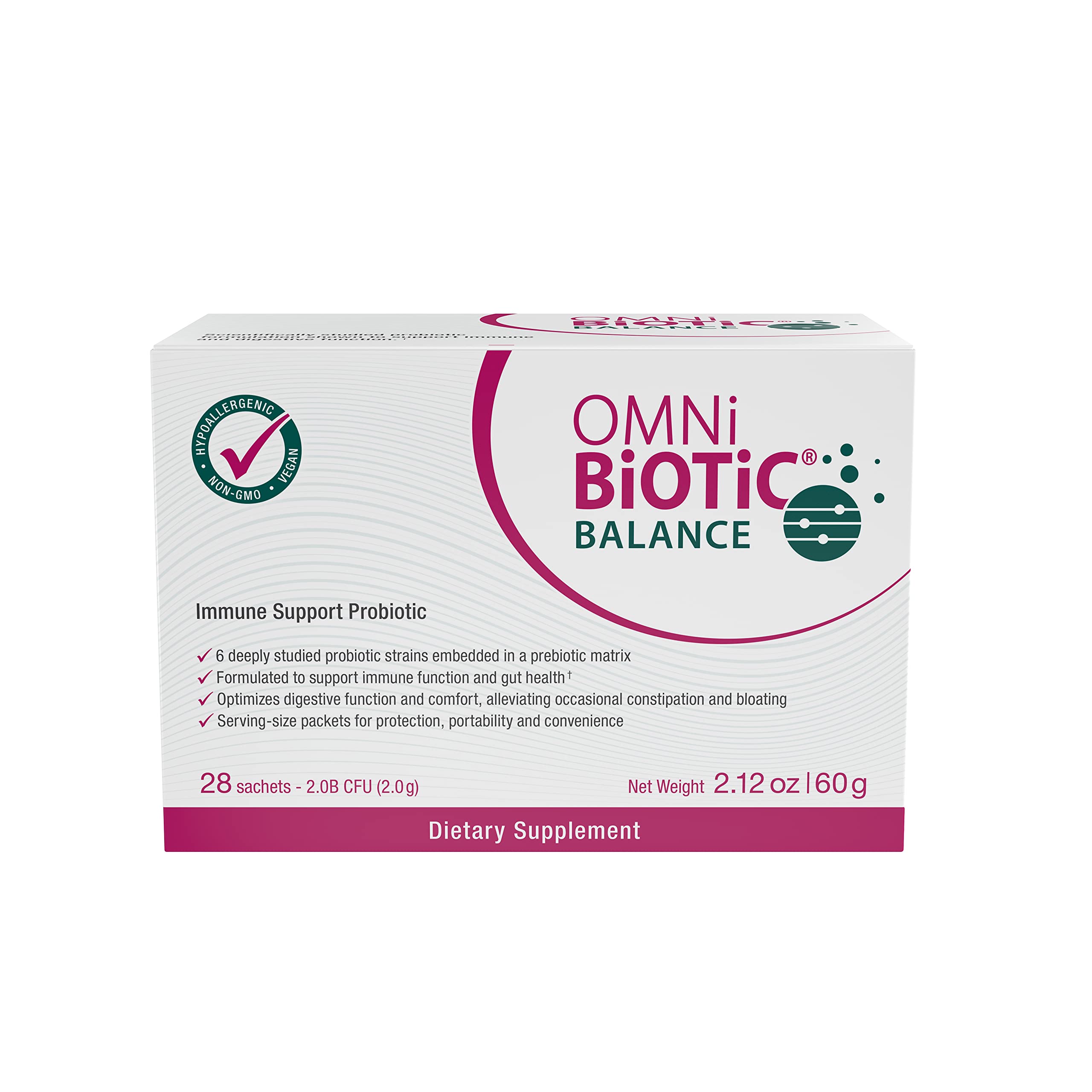 OMNi BiOTiC Balance packaging sleeve showing shelf-stable probiotic formula