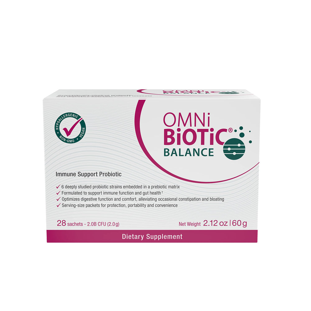 OMNi BiOTiC Balance packaging sleeve showing shelf-stable probiotic formula