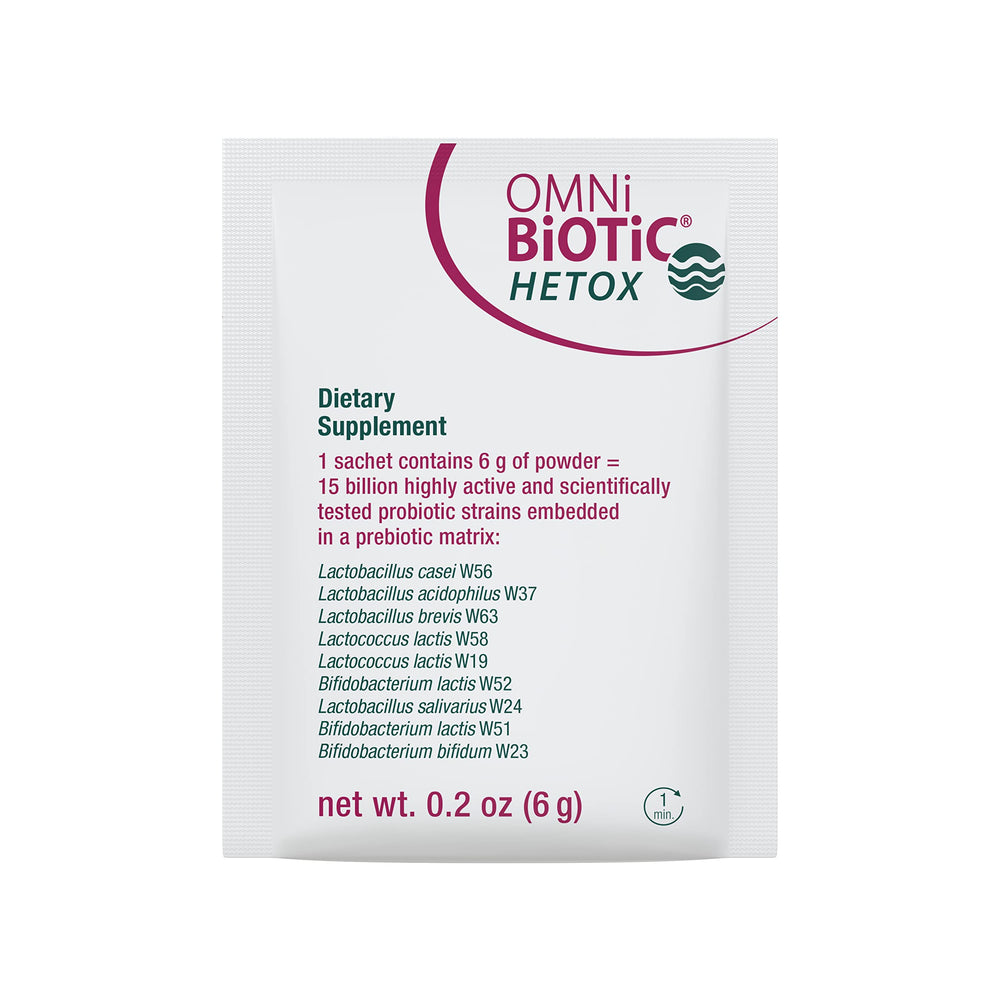 OMNi BiOTiC Hetox bottle on a dresser suggesting daily routine use
