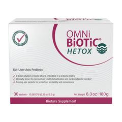 OMNi BiOTiC Hetox packaging sachet highlighting convenient, travel friendly use