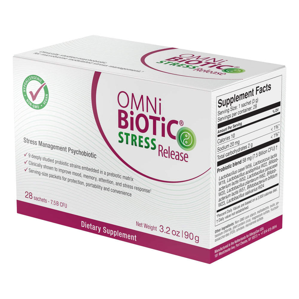 OMNi BiOTiC Stress Release bottle pour shows simple daily dosing.