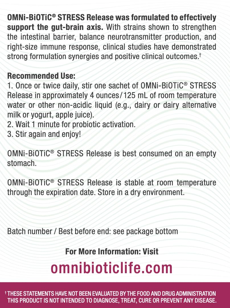 OMNi BiOTiC Stress Release powder dissolves in water for easy gut-brain support.