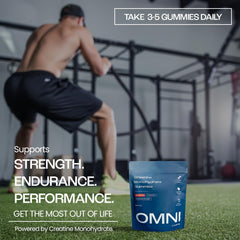OMNI Creatine Gummies serving-hand shows easy daily intake for busy days.