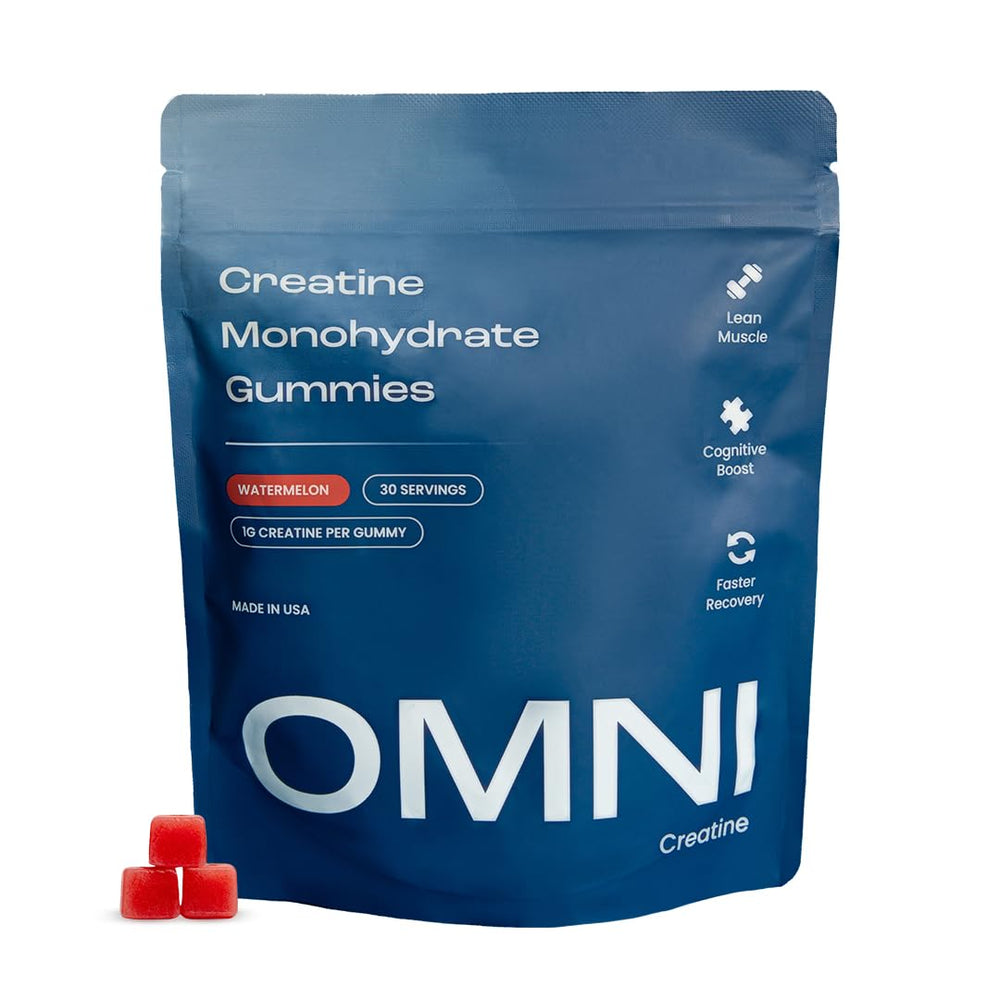 OMNI Creatine Gummies watermelon flavor bottle demonstrates convenient post-workout fuel.