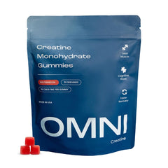 OMNI Creatine Gummies watermelon flavor bottle demonstrates convenient post-workout fuel.