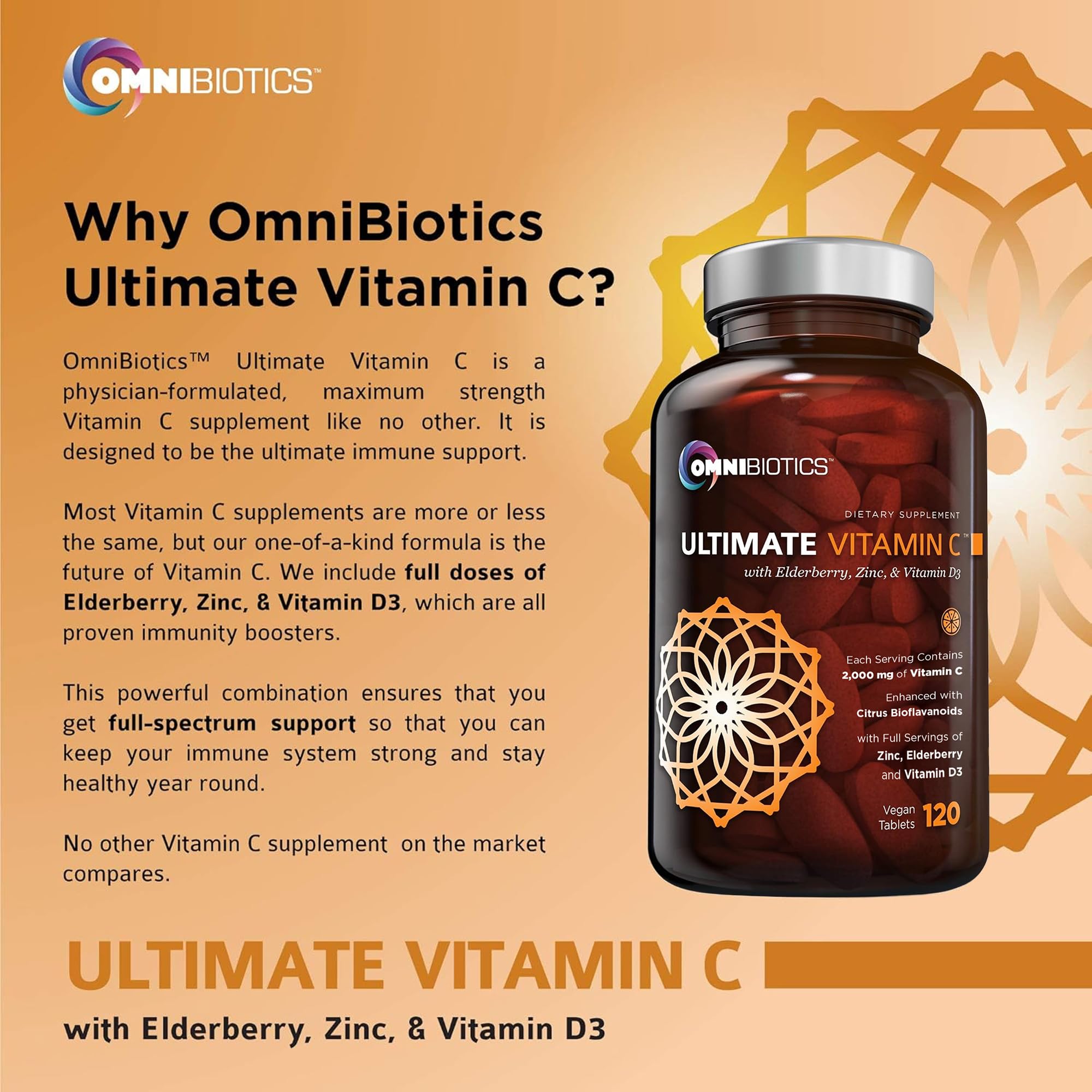 OmniBiotics 120 vegan tablets bottle with clear label symbolizing quality and purity.
