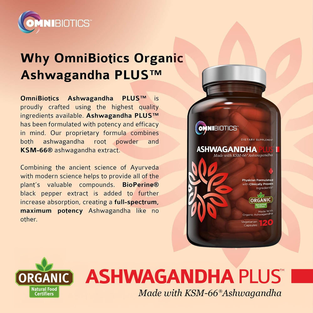 OmniBiotics ashwagandha extract capsules close-up showing full-spectrum root content.