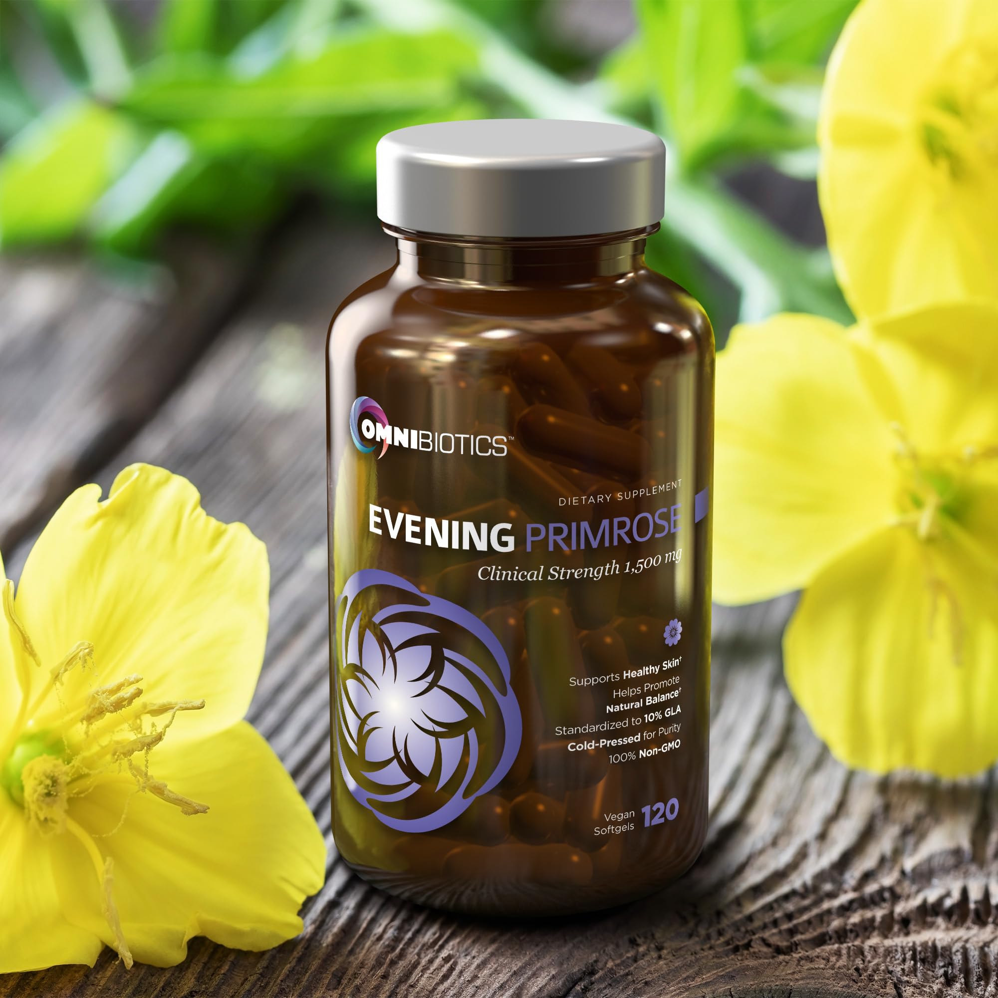 OmniBiotics Evening Primrose Oil capsules on white background for daily use.