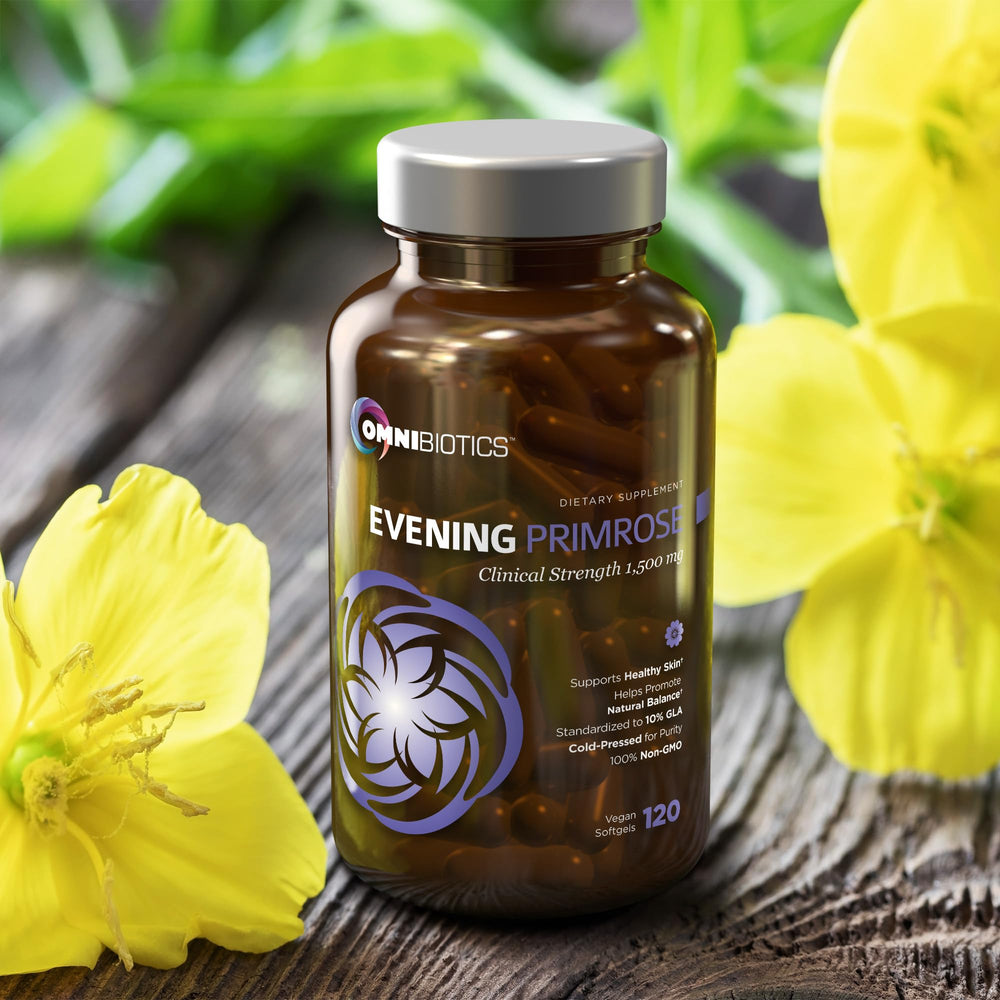 OmniBiotics Evening Primrose Oil capsules on white background for daily use.