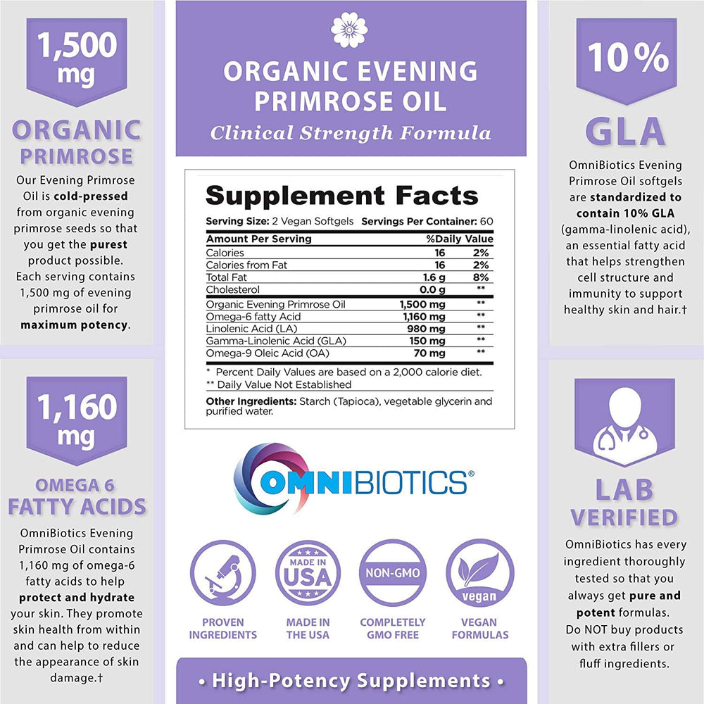 Label close-up of OmniBiotics Evening Primrose Oil showing 1500 mg per serving.