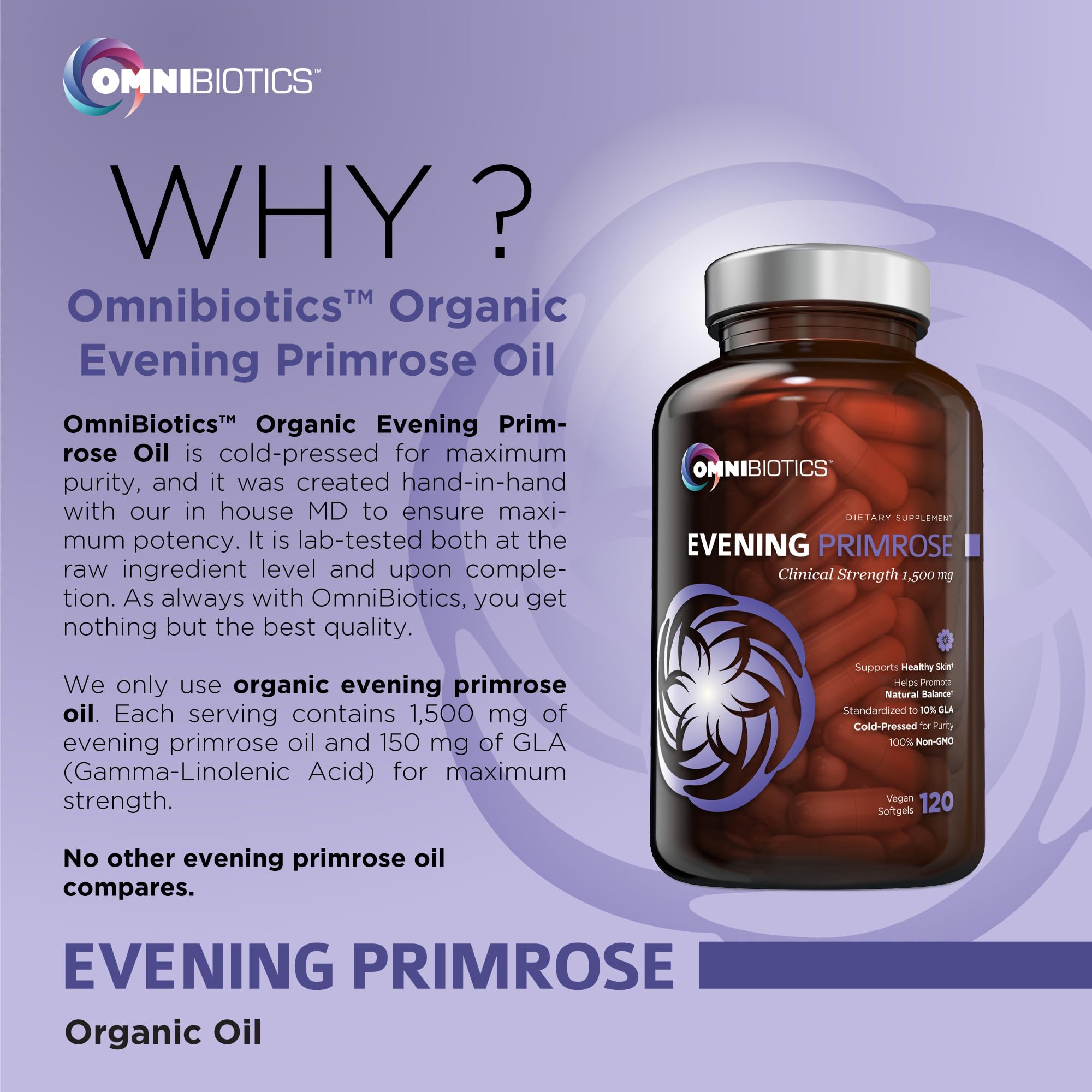 OmniBiotics organic primrose oil on shelf highlighting non-GMO and organic quality.