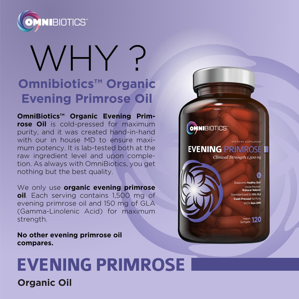 OmniBiotics organic primrose oil on shelf highlighting non-GMO and organic quality.