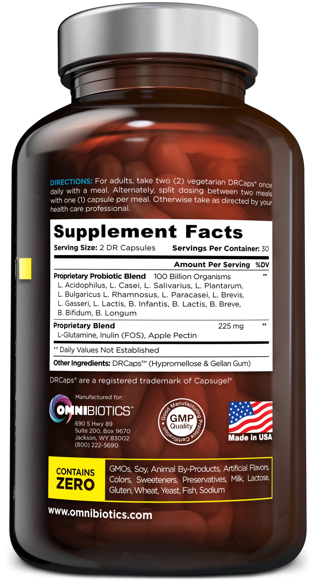 Flora Renew 100B with inulin and apple pectin prebiotics nourishing gut bacteria.