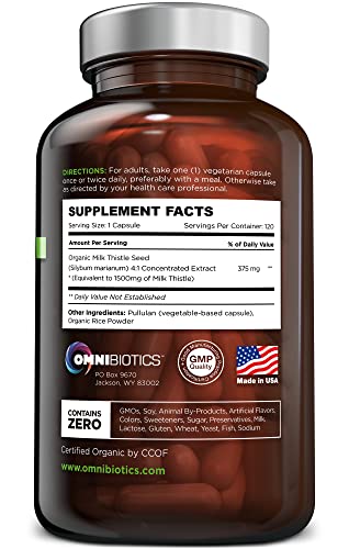 OmniBiotics Milk Thistle bottle label highlighting organic 1500mg strength