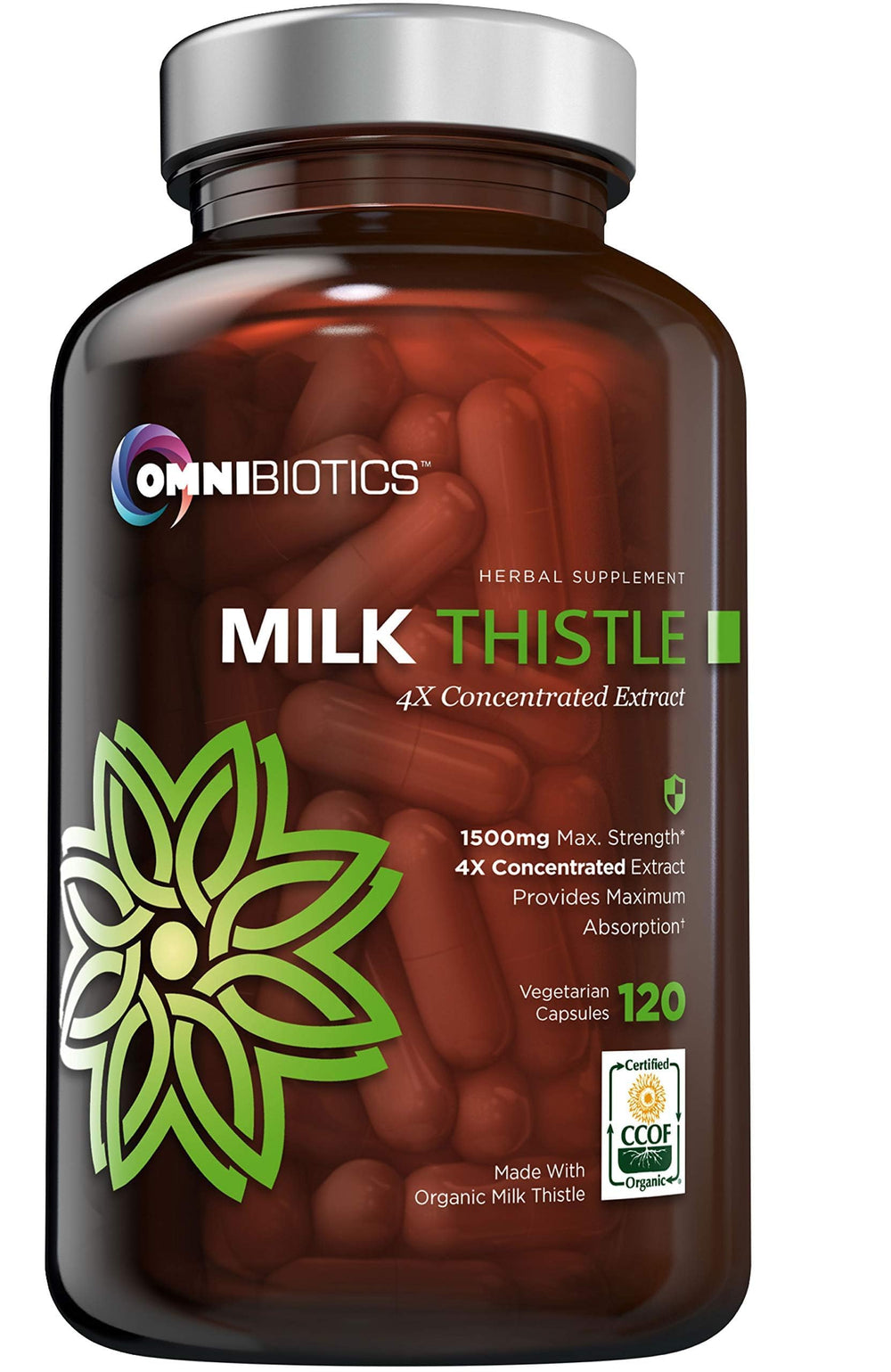 OmniBiotics Milk Thistle capsule close-up showing high potency for liver support