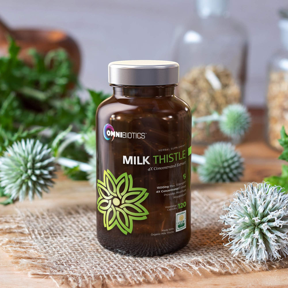 OmniBiotics Milk Thistle vegan capsules representing organic, additive-free nutrition