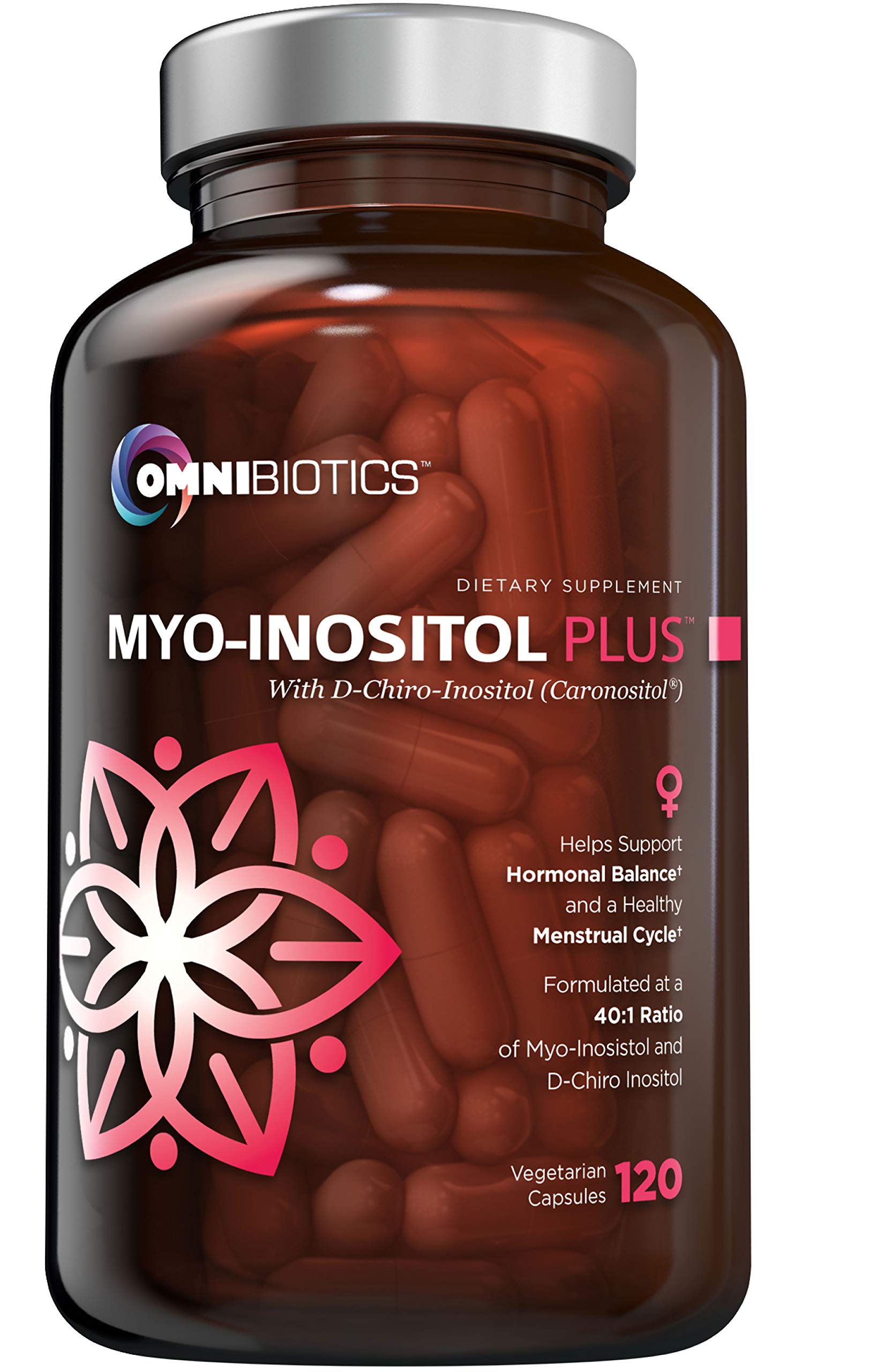 OmniBiotics bottle showing Myo-Inositol and D-Chiro Inositol for potential hormone balance.