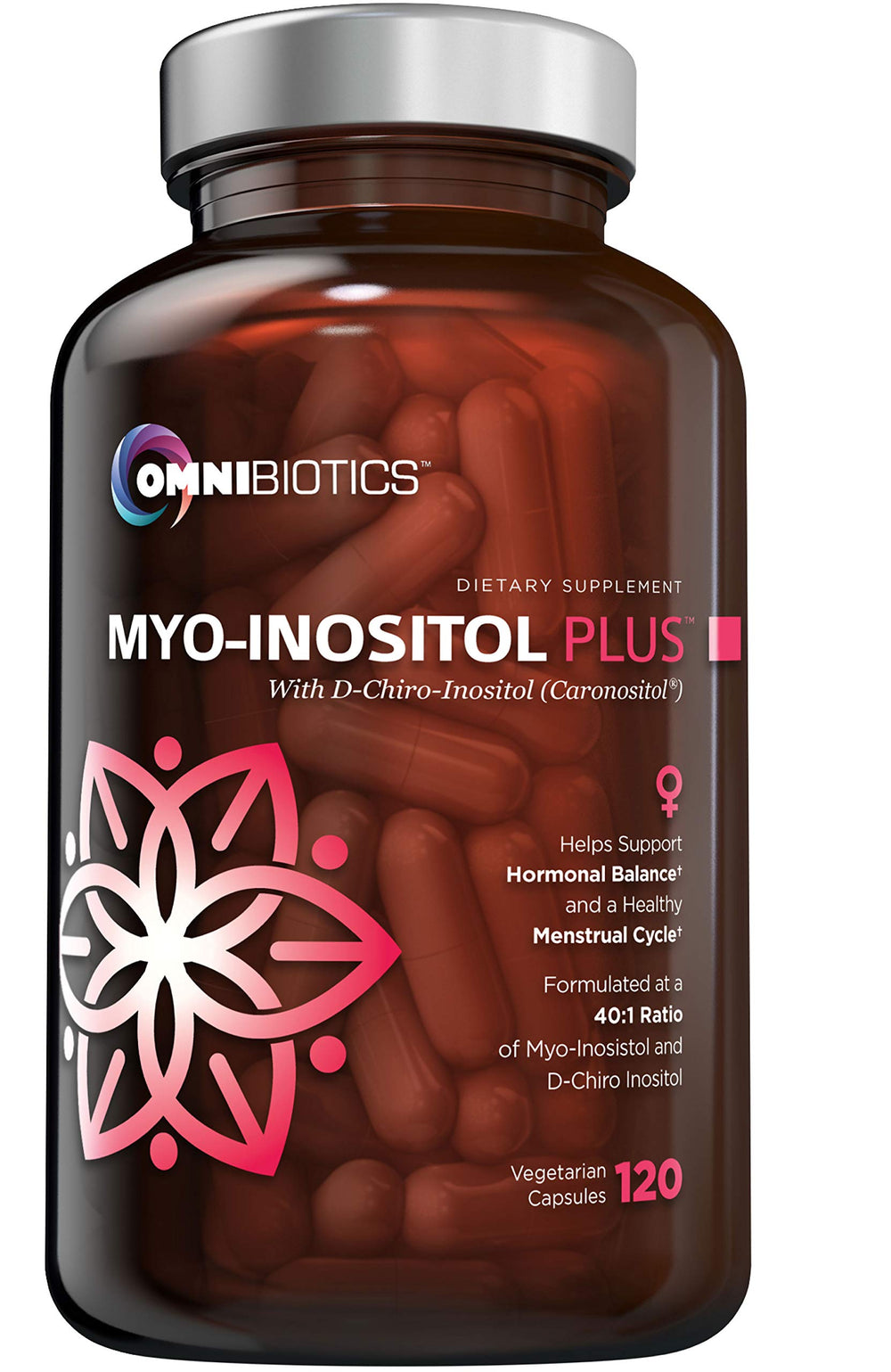 OmniBiotics bottle showing Myo-Inositol and D-Chiro Inositol for potential hormone balance.