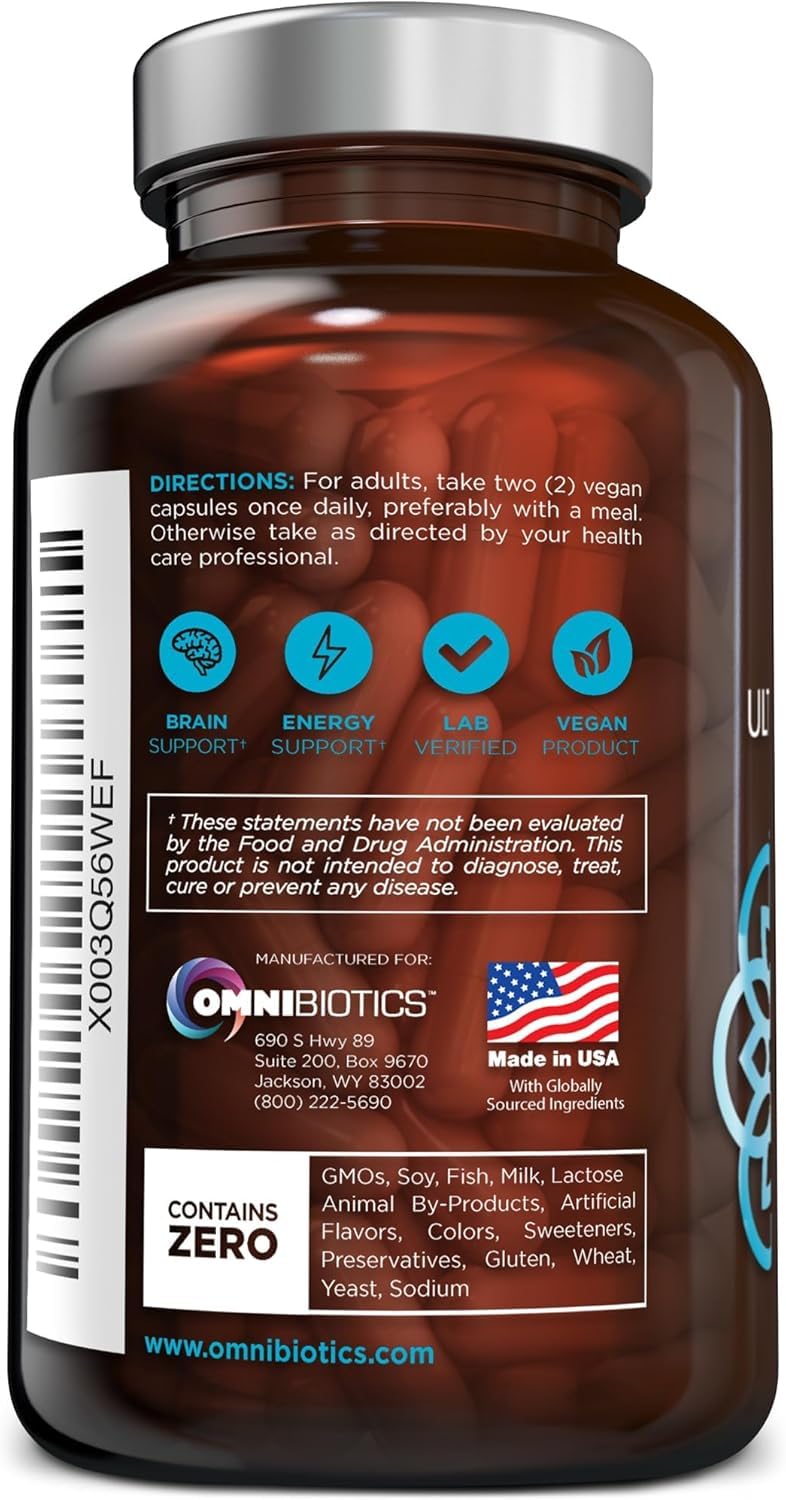 Graphic of 34 essential nutrients with OmniBiotics branding.
