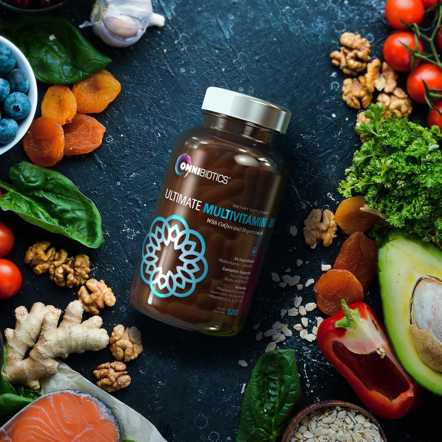 OmniBiotics vegan, non-GMO seal emphasizes clean ingredients.