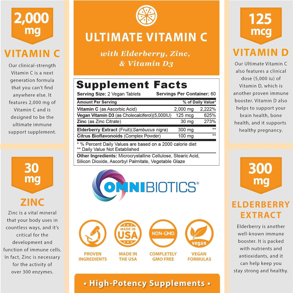 OmniBiotics vitamin C capsules close-up, vegan tablets for convenient daily immune support.