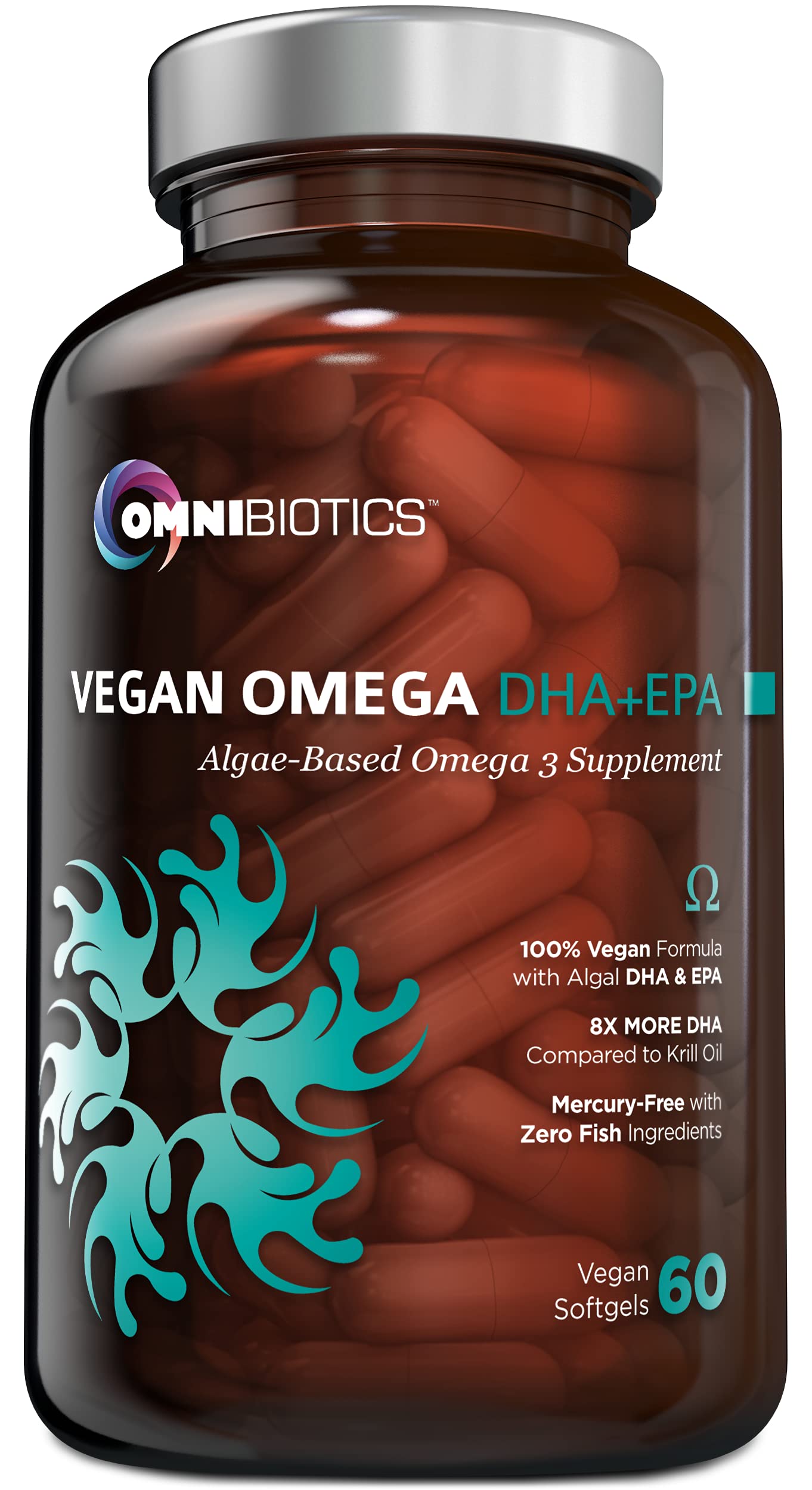 OmniBiotics vegan Omega-3 bottle front view for prenatal support.