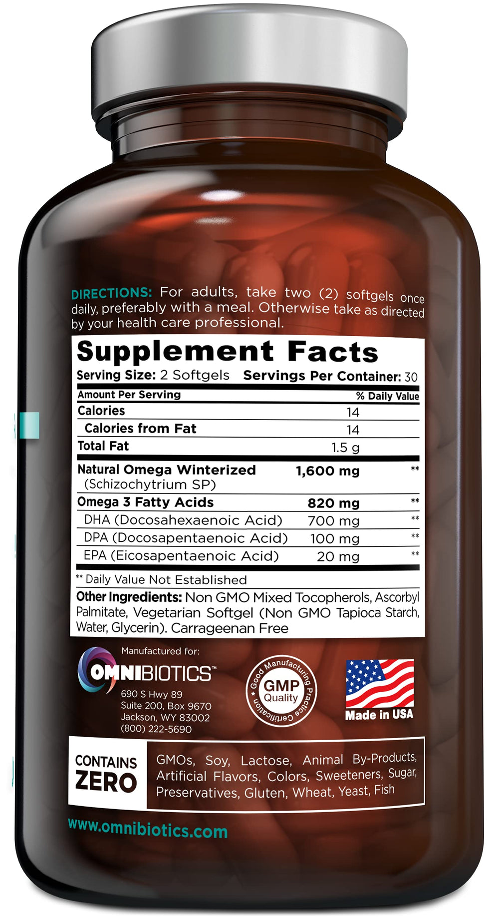 OmniBiotics label close-up highlighting DHA and EPA per serving.