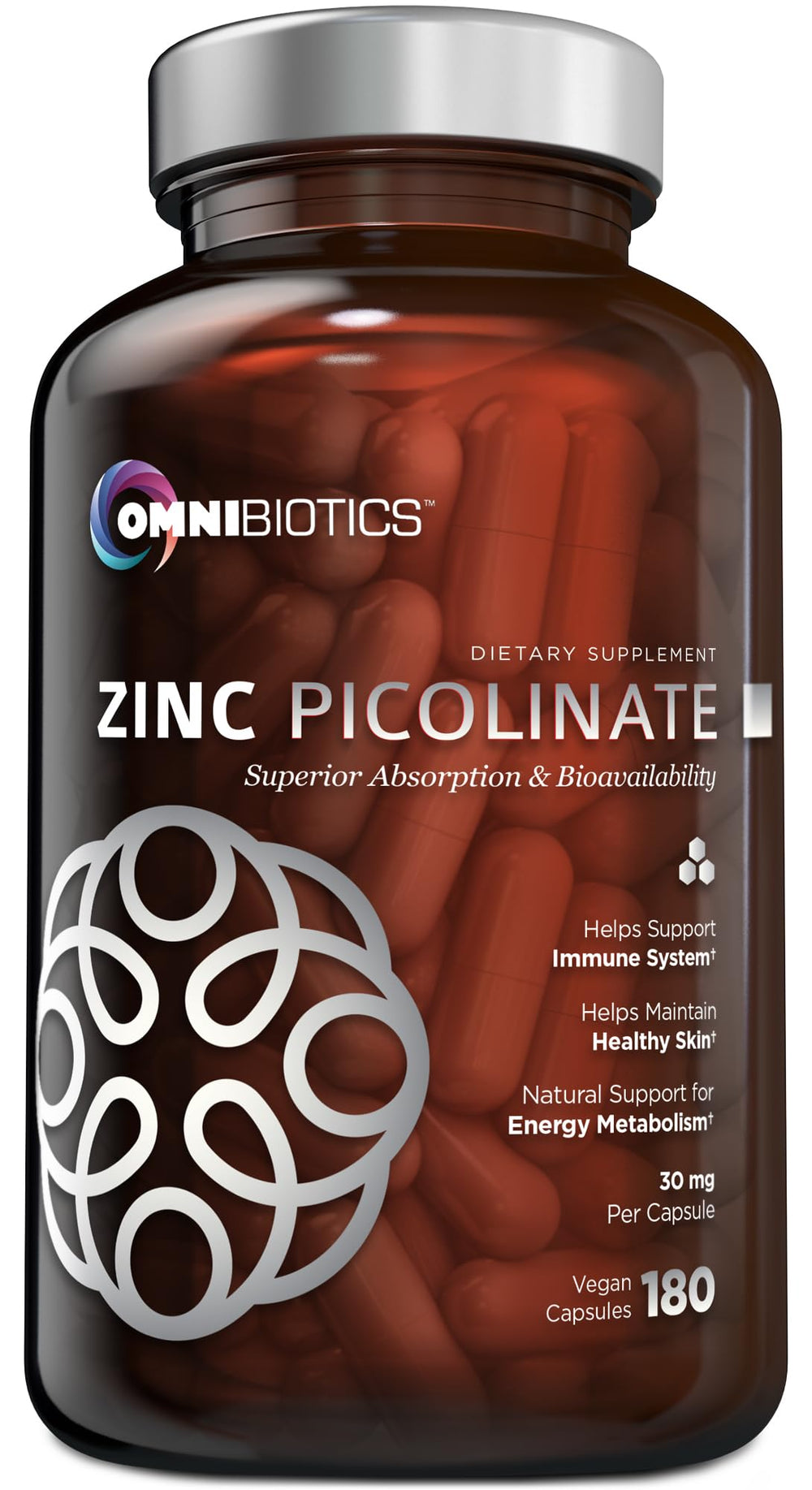OmniBiotics Zinc Picolinate bottle label highlighting high absorption.