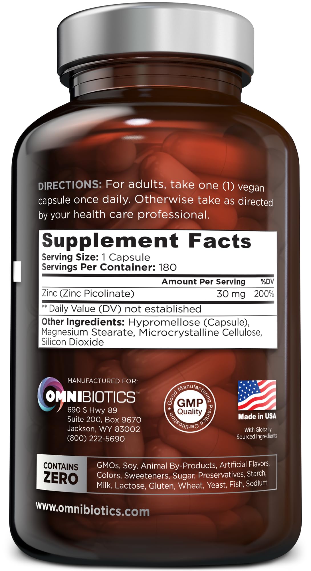 OmniBiotics Zinc Picolinate capsule close-up shows 30mg zinc.