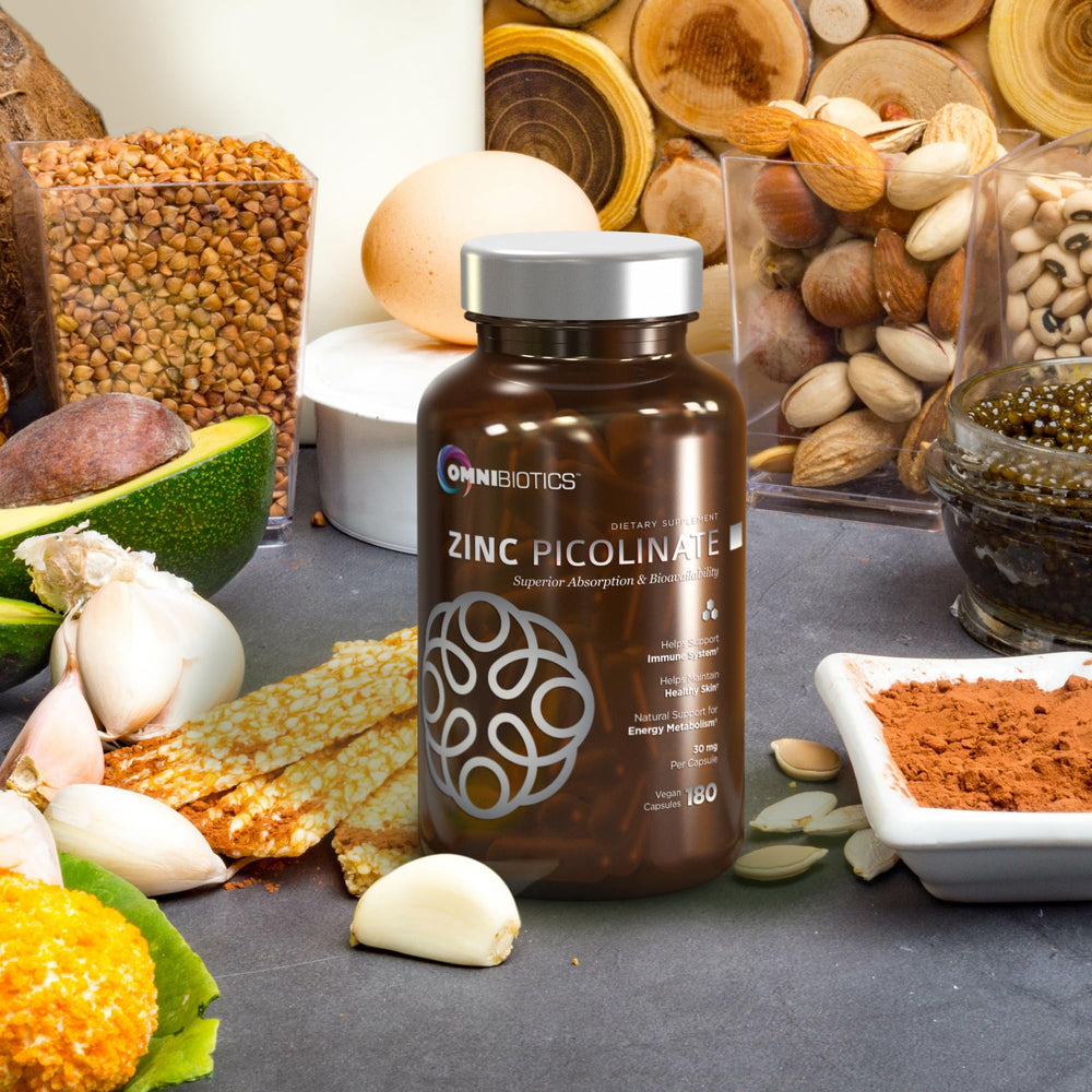 OmniBiotics Zinc Picolinate packaging emphasizes energy and skin support.